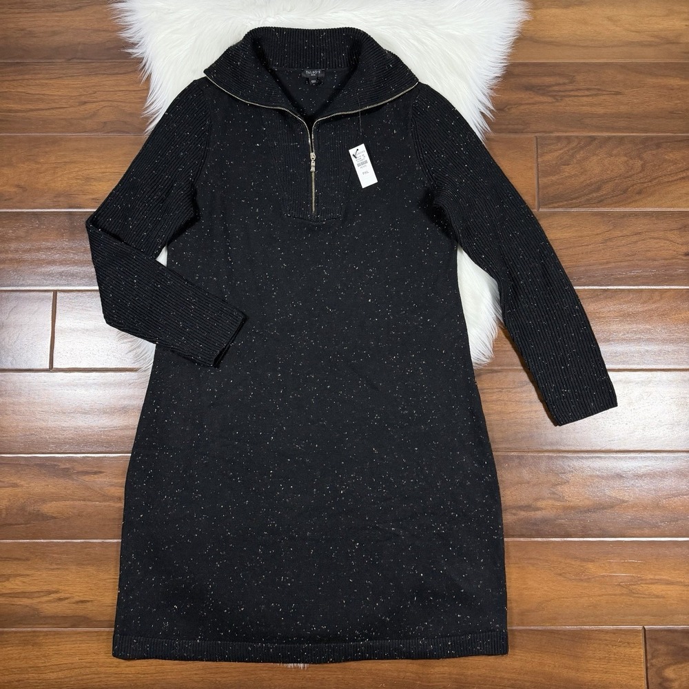 Talbots Women's Size Petite XL PXL Black Speckled Zip Collar Sweater Dress